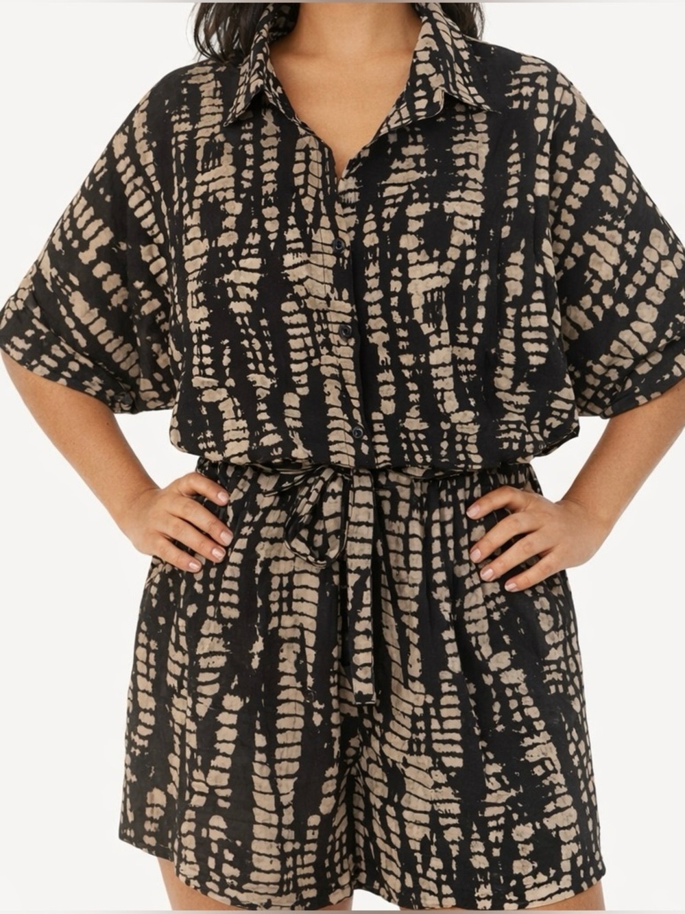 🆕 Romper Shorts Outfit Abstract Animal Print Glamping Neutrals Taupe Black 2XL